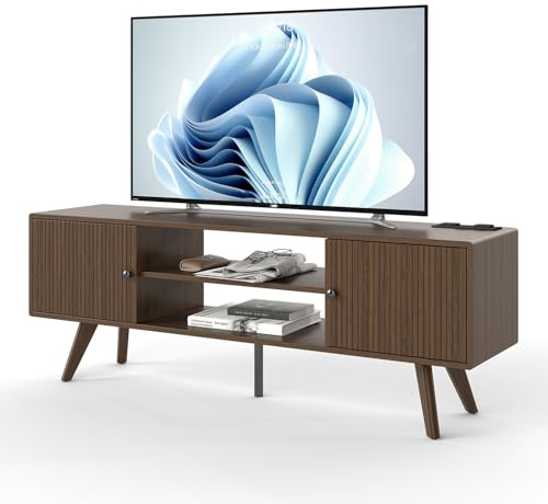 TV Schrank Holz 140cm lang – Lowboard Stehend mit 2 Staufächern & 2 Offenen Regalen, TV Sideboard Wohnzimmer für 60 Zoll Fernseher, Fernsehtisch Holz aus P2-Platte 15cm, Moderner&Landhausstil,Nussbaum