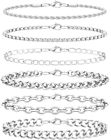 Aospkle 6PCS Stainless Steel Bracelets for Men Women, Silver Gold Black Cuban Link Rope Box Wheat Chain Paperclip Figaro Jewelry Set, 7/8/9 Inches