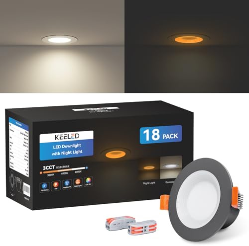 KEELED Downlight LED Techo Empotrable con Luz Nocturna, Negro, 6W, 230V, 3 Temperaturas Seleccionables 3000K/4000K/6000K, Corte 70-85mm, Pack de 18