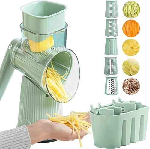 Le D Affaires 5 En 1 Rallador De Queso Rotativo Cortadora De Verduras, Rallador De Queso con Manivela, Artefacto De Cocina Picadora De Alimentos 5 En 1, Rallador De Queso Rotativo con, Green-5