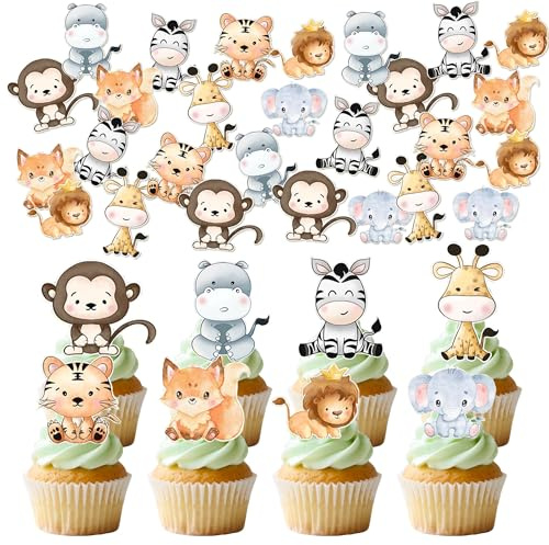 LaVenty 70 PCS Edible Jungle Safari Animal Cupcake Cake Decorations Muffin Desserts Food Decoration for Celebrating Party Events Baby Shower Party Supplies