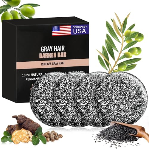 YJOO 4PCS Gray Hair Reverse Bar Soap, Natural Black Soap for Gray Hair Coverage, Black Shampoo Bar for Hair & Beard Darkening, Vegan, Moisturizing & Scalp Care for Men and Women