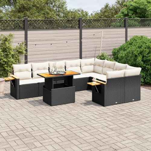 QJBSAVVA 10tlg. Schwarz Poly-Rattan-Ecksofa-Set, Tisch 55x62x69 cm, Tischplatte 44-73 cm, waschbare Kissen, UV-beständig, modular