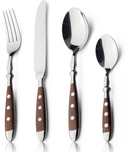 Alata Besteck Set für 6 Personen - Rustikales Tafelbesteck Set aus Edelstahl mit Braunen Griffen - Geschmiedet und Schwer - 24-teilig - Serie Berlin