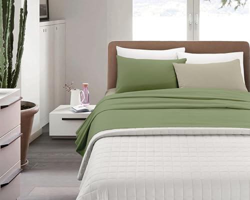IlGruppone Completo Lenzuola Invernali Felpate in Calda Flanella Bicolore Anti Pilling Lenzuolo sopra,sotto con Angoli Elasticizzati E Federe - Verde-Panna - Matrimoniale