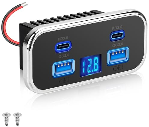 Linkstyle 12V USB Steckdose, 76W Dual 18W USB-A & Dual 20W PD3.0 Anschlüsse, Power Outlet Panel mit Voltmeter für 12V/24V Auto Lkw Wohnmobil Marine