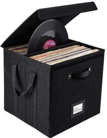 GarveeMore Set of 3 Vinyl Record Storage Boxes, Non-Woven Stackable Record Holder with Lid and Handles, LP Storage Organizer for Valuable Album Collection, Black