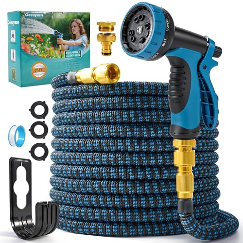 Oeeuyasn Flexibler Gartenschlauch 22,5 m (75 ft) mit 10-Funktions-Gartenbrause, 3/4- und 1/2-Anschlüsse, dehnbarer Wasserschlauch, auslaufsicher, knickfrei, für Garten, Autowäsche und Haustierbaden