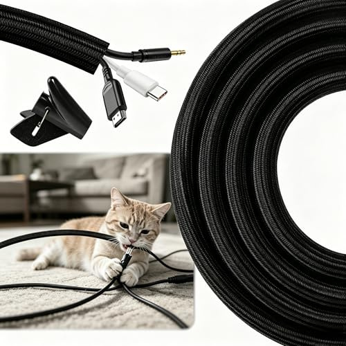 16.4ft-1/2 inch Cable Tidy Sleeve Wire Covers Cord Protector for Pets | Wire Protector from Pets Self-Winding Cable Tidy Black Prevent Dogs Cats Chewing for USB Power Audio PC/TV Cords Home Office
