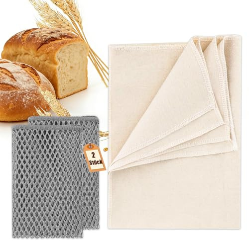 GROVBLE Teigtuch 75×45 cm & 2× Netztuch 30×30 cm Set, Bäckerleinen | 3-teiliges Set für Backen & Reinigung: Dieses Set enthält 2× Netztücher (30×30 cm) zur gründlichen Reinigung und 1× Teigtuch.