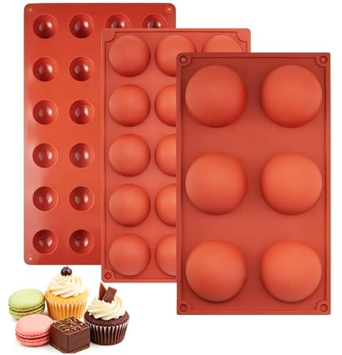 JOZMMZEOOA Silicone Half Sphere Chocolate Moulds 3 Pack with Spatula, Dome Baking Mould for Mousse, Jelly & Cake, 6/15/24 Cavity