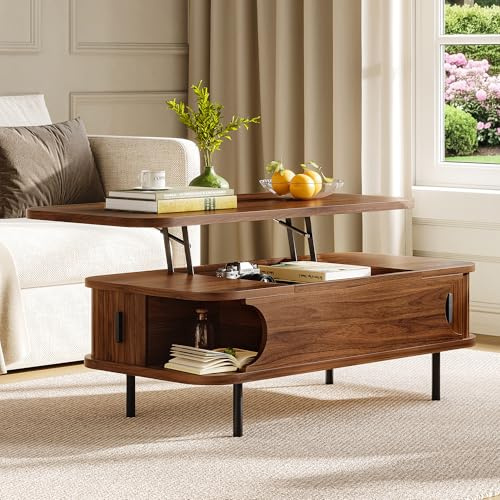 IRONCK Couchtisch höhenverstellbar, Wohnzimmertisch mit Stauraum, Holz Kaffeetisch mit Schiebetüren, verstecktes Fach, offenes Fach, für kleine Räume, Wohnzimmer, Homeoffice, 101x51x52cm, Walnüsse