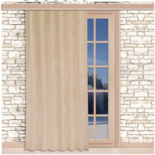SeGaTeX home fashion Thermo Chenille Flóki Deko-Vorhang Beige mit Universal-Reihband (Kräuselband) Thermo-Wärmevorhang Deko-Schal 225 x 130 cm