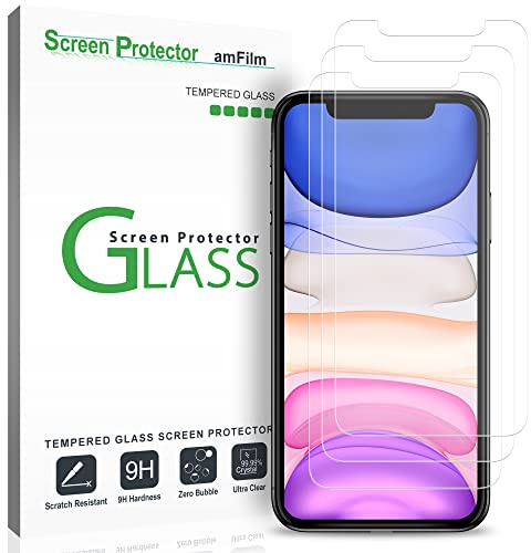 amFilm (3 Pezzi) Vetro Temperato per iPhone 12, iPhone 12 Pro, iPhone 11, e iPhone XR (10R) - Zero Bolle (Facile Installazione) Pellicola Protettiva Protezione Schermo (6.1)