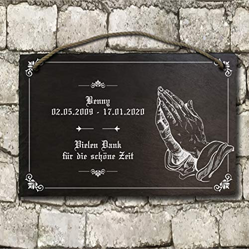 elbedruck Schiefertafel Betende Hände Grabplatte Gedenkstein Grabstein ca. 21x29cm graviert mit den Händen von Dürer, Wunschtext und Name, auch möglich als Klingelschild Türschild (mit Kordel)