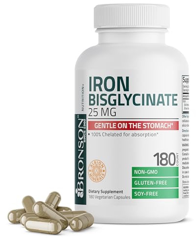 Bronson Iron Bisglycinate 25 mg Gentle on The Stomach, Supports Energy & Healthy Red Blood Cell Production - Non-Constipating Formula - Non GMO, 180 Vegetarian Capsules