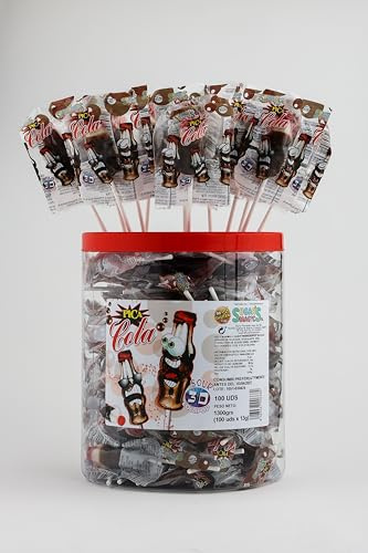 Cola Rock. Caramelo con palo en forma de botella. Sabor cola. Bote de 100 unidades de piruletas con envuelta individual.