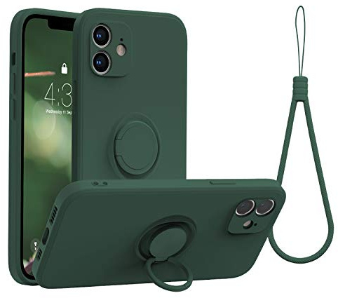 abitku Compatible with iPhone 12 Case, Silicone with 360°Ring Kickstand Holder (Support Magnetic Car Mount) Soft Silk Microfiber Cloth Designed for iPhone 12 6.1 inch 2020 (Army Green)