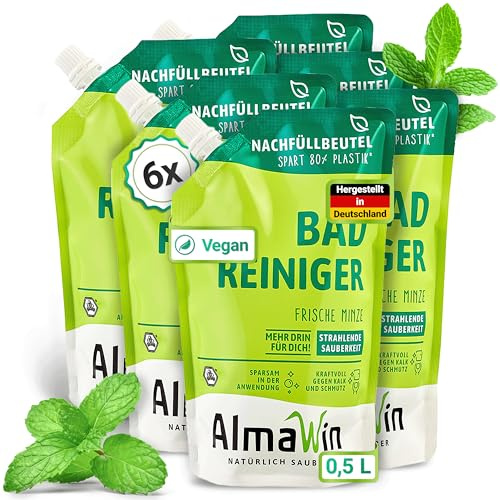 AlmaWin® Bad Reiniger Nachfüllbeutel [6x 500ml] für strahlende Sauberkeit - Badreiniger Spray mit Pfefferminz-Duft - Badezimmer Reiniger - Effektiv gegen Kalk & Schmutz - Extra Stark, Bio & Vegan