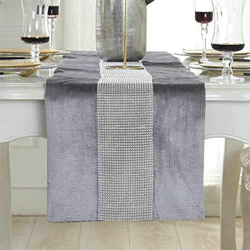 SWECOMZE Hochwertiger Tischläufer mit Diamant, Luxus Tischtuch Tischdecke für Partys, Abendessen, Feiertage, Küche, Thanksgiving, Weihnachten (Grau,32 * 210CM)
