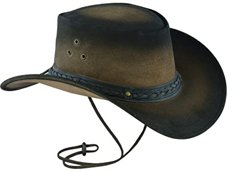 Leatherick Cowboy Australiano Unisex Stile Occidentale Due Toni Nero Marrone Outback Vera Pelle Australiana Bush Cappello (XL)
