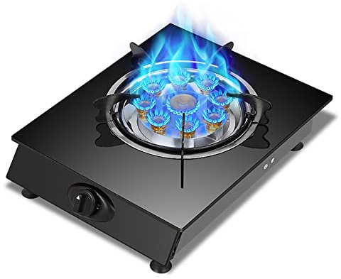 IBOWZ Piano Cottura a Gas Piano Cottura a Gas fornello a Gas Portatile 4.0KW Fuoco a Nove camere fornello Singolo fornello da Campeggio in Vetro temperato Nero Piano Cottura Interno GPL NG [Classe