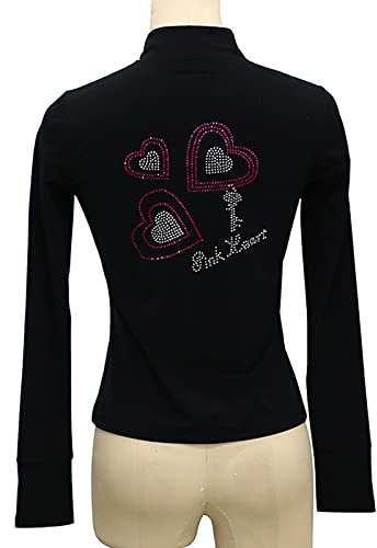 Youthful flying Damen und Mädchen Eiskunstlauf Jacke Reißverschluss Professionelles Training Eislaufen Jacke Top mit Kristall für Kinder Erwachsene(Size:XXL,Color:Black-Thin)