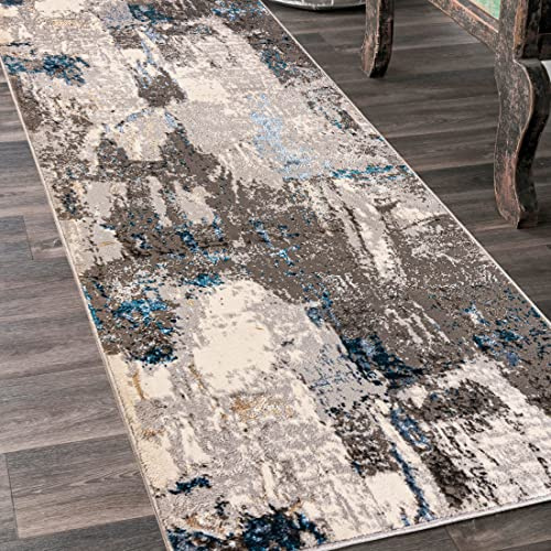 Mazovia Läufer Flur 100x300cm Creme Anthrazit Abstrakt Weich Pflegeleicht | Teppichläufer für Küche Waschküche Schlafzimmer Beige Fußbodenheizungsgeeignet Reinigungsmittelbeständig Verkauf pro Meter