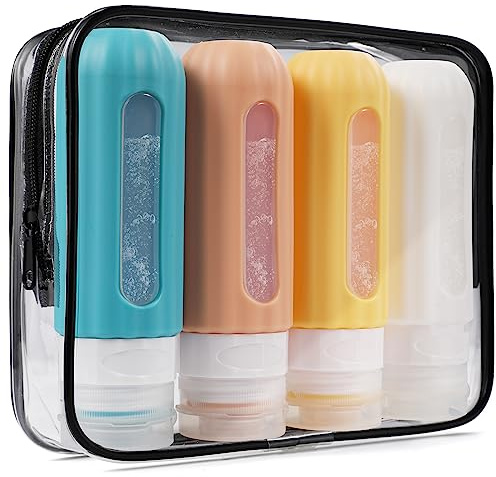 Bouteilles de voyage réutilisables en silicone pour articles de toilette approuvées par la TSA, anti-fuite, format voyage, conteneurs de voyage rechargeables pour shampooing, après-shampoing 90ml