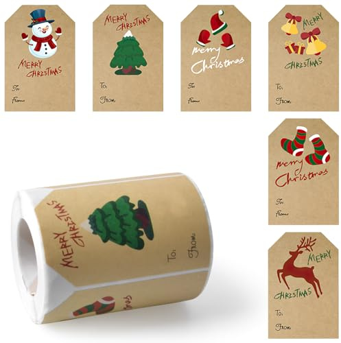 250 Pcs Christmas Kraft Stickers - Decorative Name Tags for Holiday Greetings