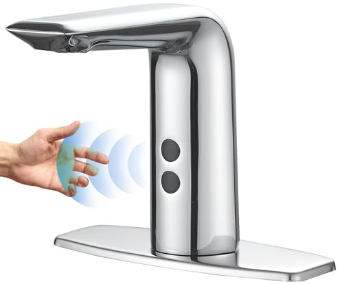 BWE Automatic Motion Sensor Touchless Bathroom Sink Faucet Electronic Infrared Hands Free Commercial Vanity Faucets Battery or Plug-in Powered,with Control Box and Temperature Mixer,Polished Chrome