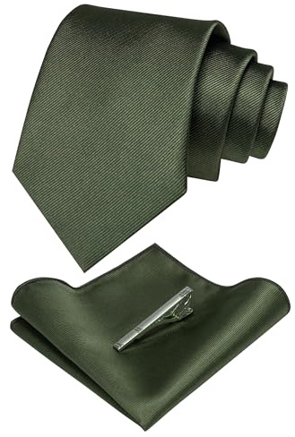 JEMYGINS Herren-Krawatte aus Seide und Krawattenklammern & Taschentuch-Set, Olivgrün