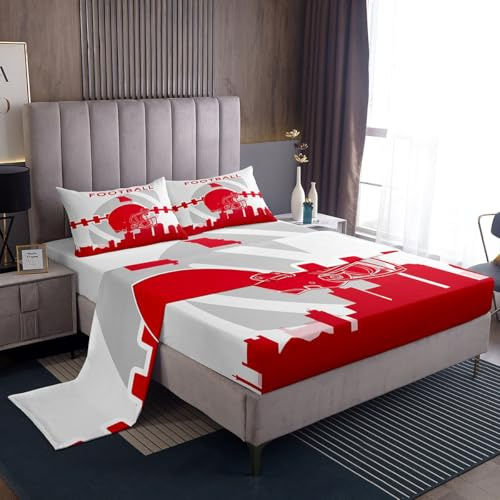 Erosebridal Football City Sheet Set Twin Size,Boys Football Bed Sheets Set for Teens Youth,White Red Rugby Sheets,Sports Ball Game Flat Fitted Sheet with 1 Pillowcase
