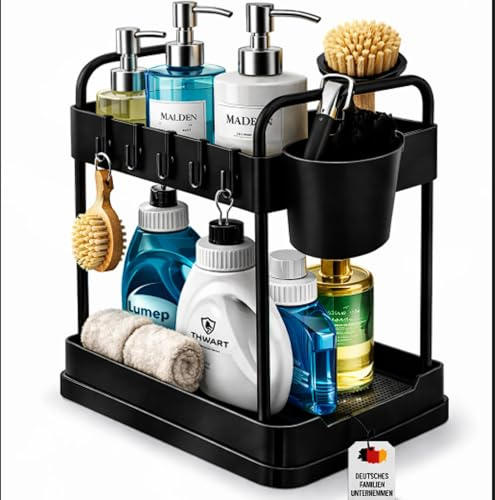 WABUFIX Unter-Spüle Organizer – Küchen Organizer für Spülenschrank & Bad – 2 Etagen Regal platzsparend mit 4 Haken, 2 Bechern & 4 Trennblättern – Schwarz