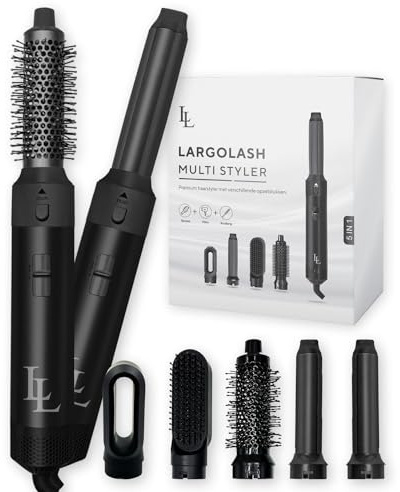 Largolash 5 in 1 Warmluftbürste Set, Schnelltrocknend Föhnbürste, Warmluft Lockenbürste, 3 Temperatur, Auto-Wrap-Lockenaufsatz, Negativ Lonen, 1000 Watt, Keine Hitzeschäden (Schwarz)