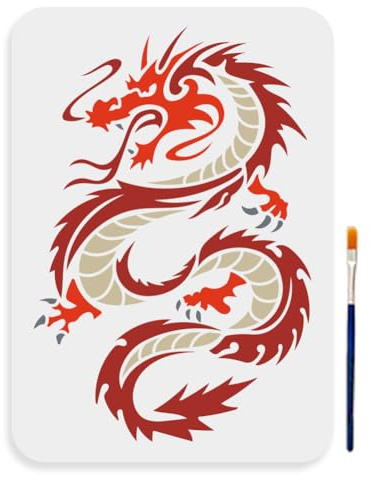 MAYJOYDIY Chinesischen Drachen Schablonen 29.7×21cm Orientalische Drachen Malschablone Mit Pinsel Wiederverwendbare Dragon Thema Vorlage Zum Malen Auf Wand Möbel Stoff Holz