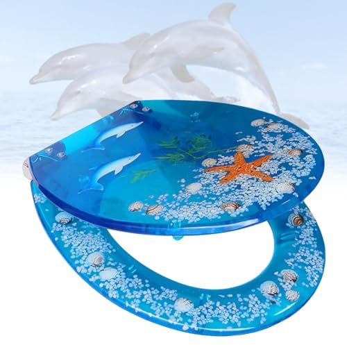 Verlängerter Toilettensitz, leise schließend, mit griffsicheren Stoßdämpfern, Toilettendeckel aus festem Harz, Blauer Ozean, gelber Seestern, leicht zu installieren und zu reinigen