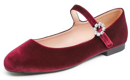 Feversole Women's Square Toe Mary Jane Fashion，Punta Quadrata Easy Buckle Tacco Basso Slip On Flats Mary Jane Quadrata Borgogna Velvet Taglie 39 EU