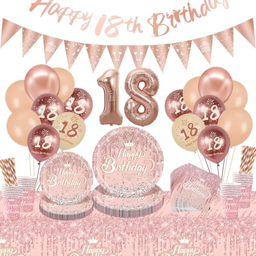 INSANYJ 100PCS Rose Gold Birthday Decorations - Tablecloth, Paper Plates, Napkins and Cups for 18th Birthday Table