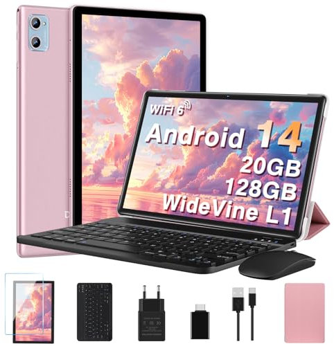 Gemini AI Tablette Android 15 Tablette 10 Pouces 64Go+2To Extensible, Tablette Tactile GMS, 5G+2.4G Wi-Fi,Octa-Core 2.0GHz,Widevine L1, BT5.0, 6000mAh, GPS,Tablettes avec Clavier+Souris et Cas-Or Rose