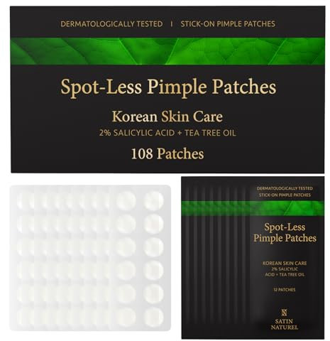 Satin Naturel 108 Pimple Patches with 2% Salicylic Acid, Tea Tree Oil & Hyaluronic Acid – Hydrocolloid Acne Spot Treatment Stickers for Face – Korean Skincare Blemish & Zit Care