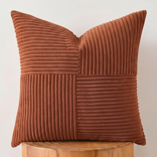 FDTERN Rost lumbal dekorativa kuddfodral 65 x 65 cm för vardagsrum, soffa och säng, rustik lantgård boho heminredning, mjukt randigt manchester rektangulärt accent terrakotta kuddfodral 65 x 65 cm