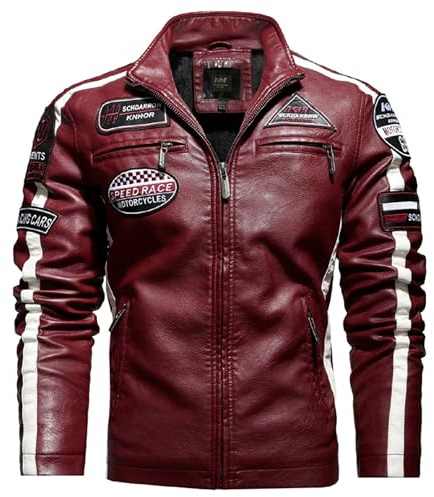 PIIBON | Chaqueta para Hombre de Piel sintética. Cazadora de Cuero sintético estilo Motero. Moda Casual de Cuero Vegano. Biker - Motociclista. (FR/ES, Letras, S, Regular, Regular, Rojo - Granate)