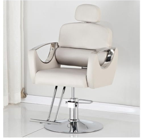 WKXTECZT Friseurstuhl Mit Kopfstütze, Friseursessel Höhenverstellbar Kippbar Für Herren Damen, Friseureinrichtung Bedienungsstuhl Vintage Retro, Kunstleder,Grau,A