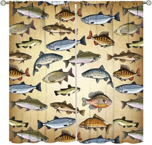 Vorhang Kinderzimmer Tiere Fische Kinder Vorhänge Mit Ösen Polyester Gardinen Thermovorhang Blickdicht Ösenschal Kindergardinen 170X200 cm (B + H) Für Wohnzimmer,2Er Set-850764661