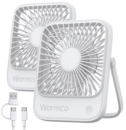 Warmco USB skrivbordsfläkt 2-pack, USB C-sladdad driven fläkt, starkt luftflöde tyst drift, 3 hastigheter vind liten USB-skrivbordsfläkt med 180° lutning vikbar för kontorsbord hem vit (inget batteri)