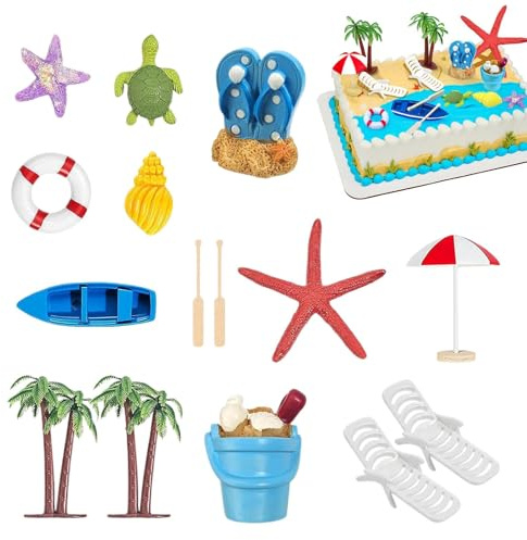 Rrlihjgu Décorations de gâteau de plage, décoration de gâteau sur le thème de la plage,15X décorations de jardin de plage | Chaise bateau palmier parapluie décoration pour piscine plage fournitures