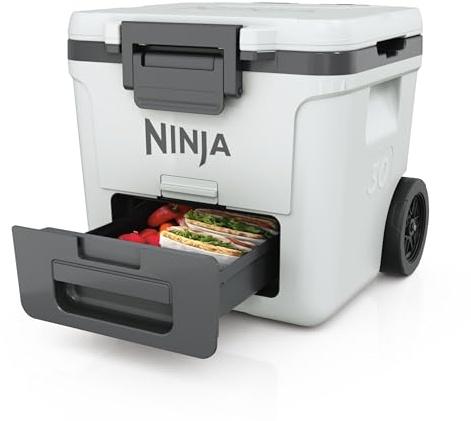 Ninja FrostVault kraftig isolerad kylbox, premiumkylbox m/hjul, integrerad Dry Zone-låda för torrförvaring i kylskåpstemperatur, håller is i flera dagar, rymmer upp till 48 burkar, molnvit, FB230EUWH