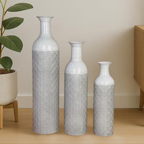 Leewadee White Tall Floor Vase, Set of 3 Decorative 65/53/41 cm Large Vases from Metal for Home Decor Living Room, Style with Pampas Grass for Modern, Vintage, Rustic or Farmhouse Room Decor