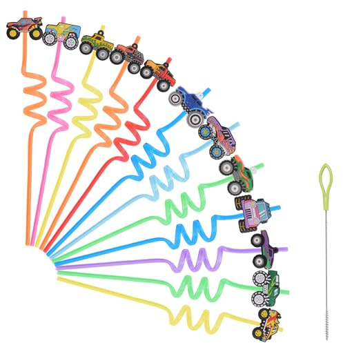 HOMMDECO Car Theme Straw 24PCS Reusable Bendable Foldable Food Grade Plastic Multi-Color Cartoon Design for Decorations for Birthday Parties & Gatherings (Equipped with Straw Brush)